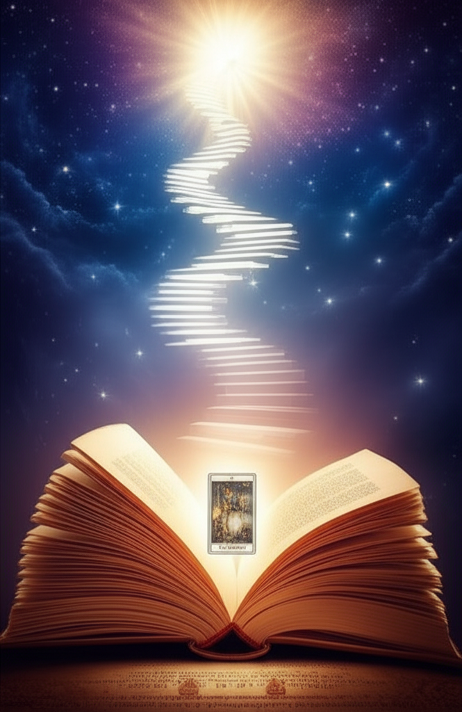 Спиральная лестница света, символизирующая Таро 7 уровней постижения, восходящая от древней книги к сиянию.