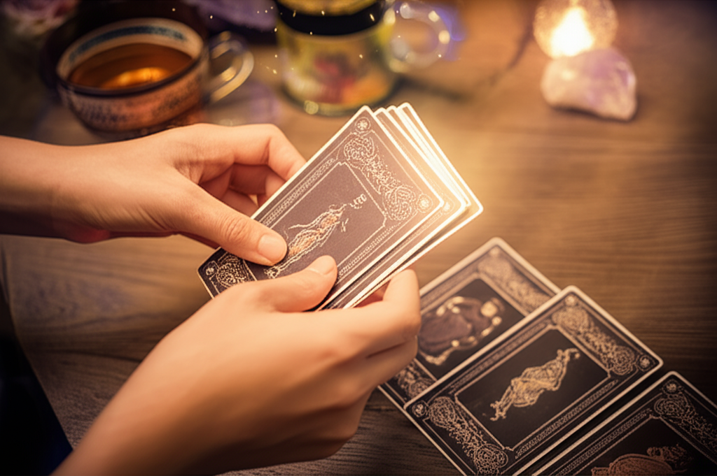 Таро для начинающих как задавать вопросы – руки перетасовывают колоду карт на деревянном столе.