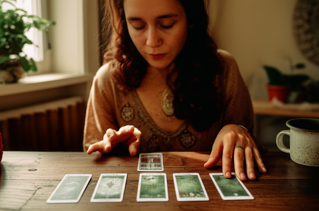 Женщина размышляет над раскладом таро для самоанализа, погруженная в глубокие мысли.