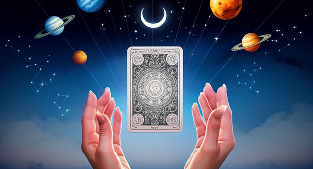 Изображение, символизирующее взаимосвязь таро и астрологии: руки держат карту Таро, а над ней сияют звезды и планеты, демонстрируя их совместное влияние на судьбу.