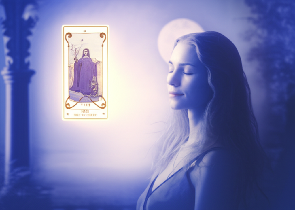 Женщина медитирует, держа в руках карту Таро, что символизирует сочетание Таро и медитация как сочетать практики для самопознания.