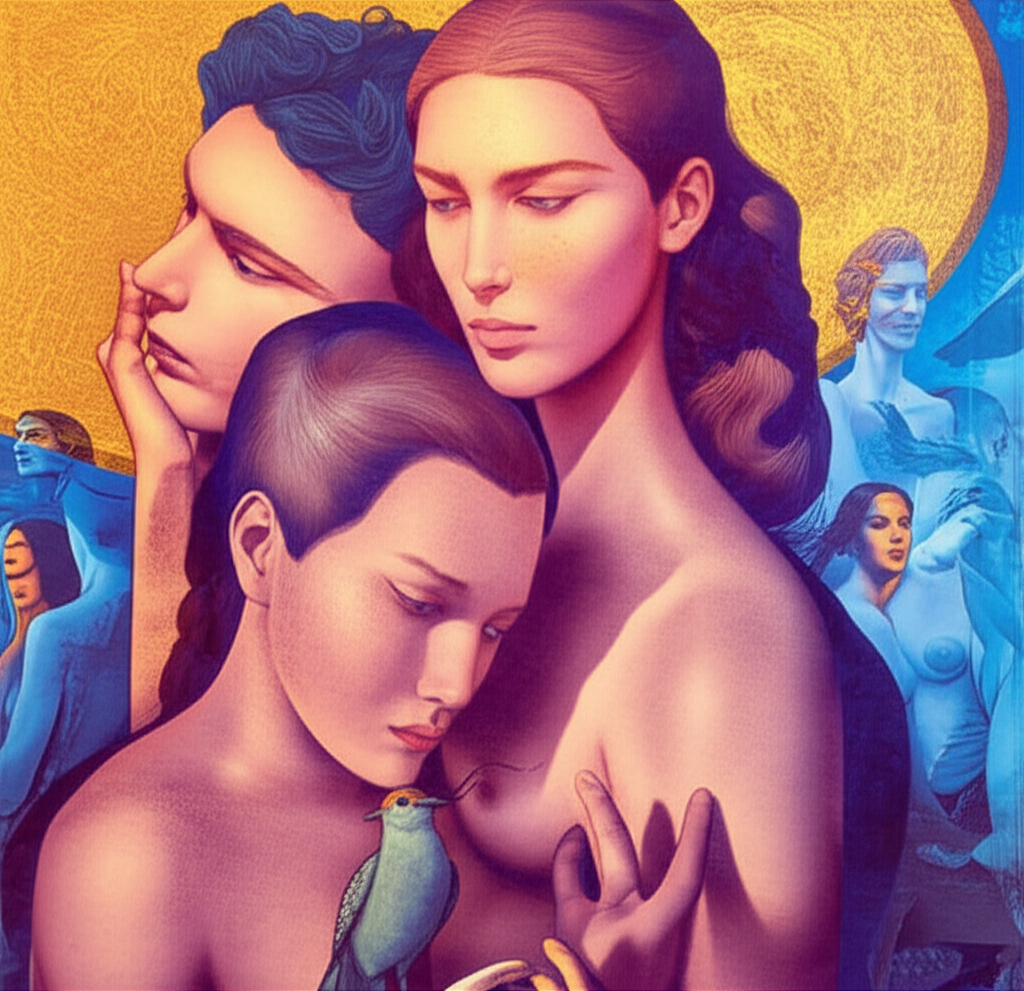 Иллюстрация в стиле Мило Манары, символизирующая глубокое <strong>таро манара значение карт в любви</strong>, с изображением пары, исследующей скрытые аспекты отношений и сексуальности.