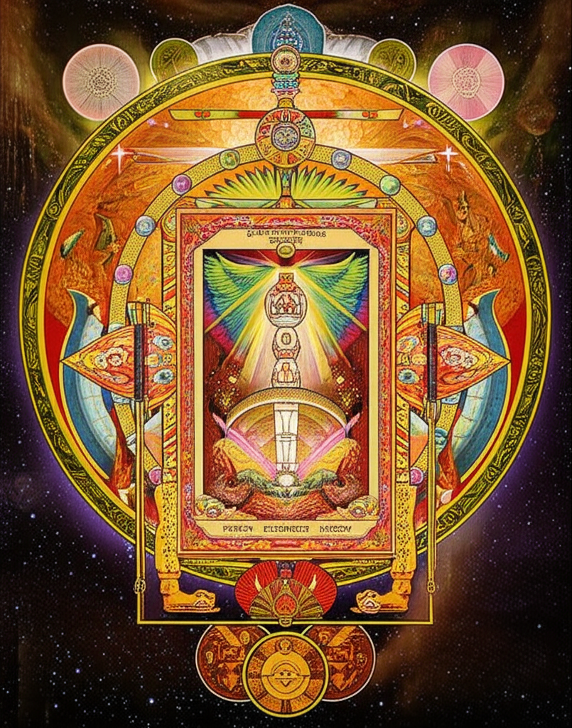 Иллюстрация, посвященная Таро Тота Алистера Кроули, с изображением одной из его символичных карт, окруженной эзотерическими знаками и мистической атмосферой.