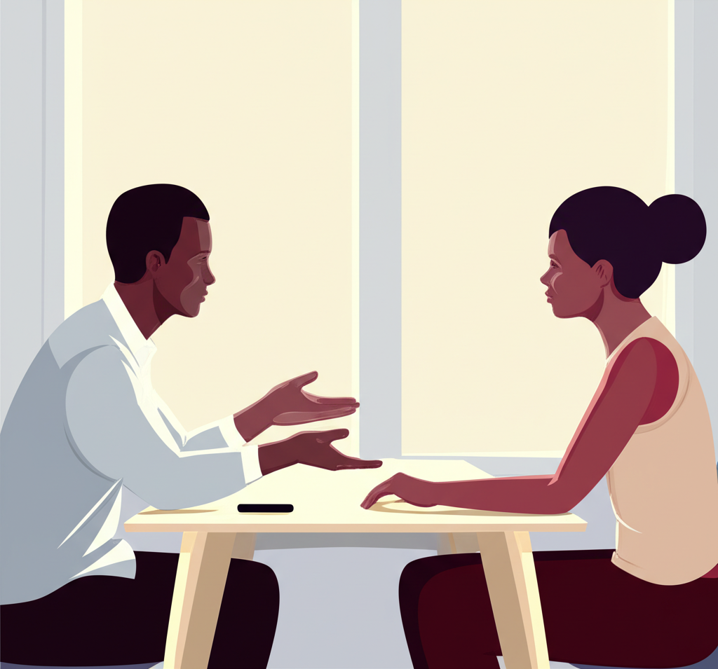 Техника эффективного общения в действии: двое людей ведут конструктивный диалог в спокойной обстановке.