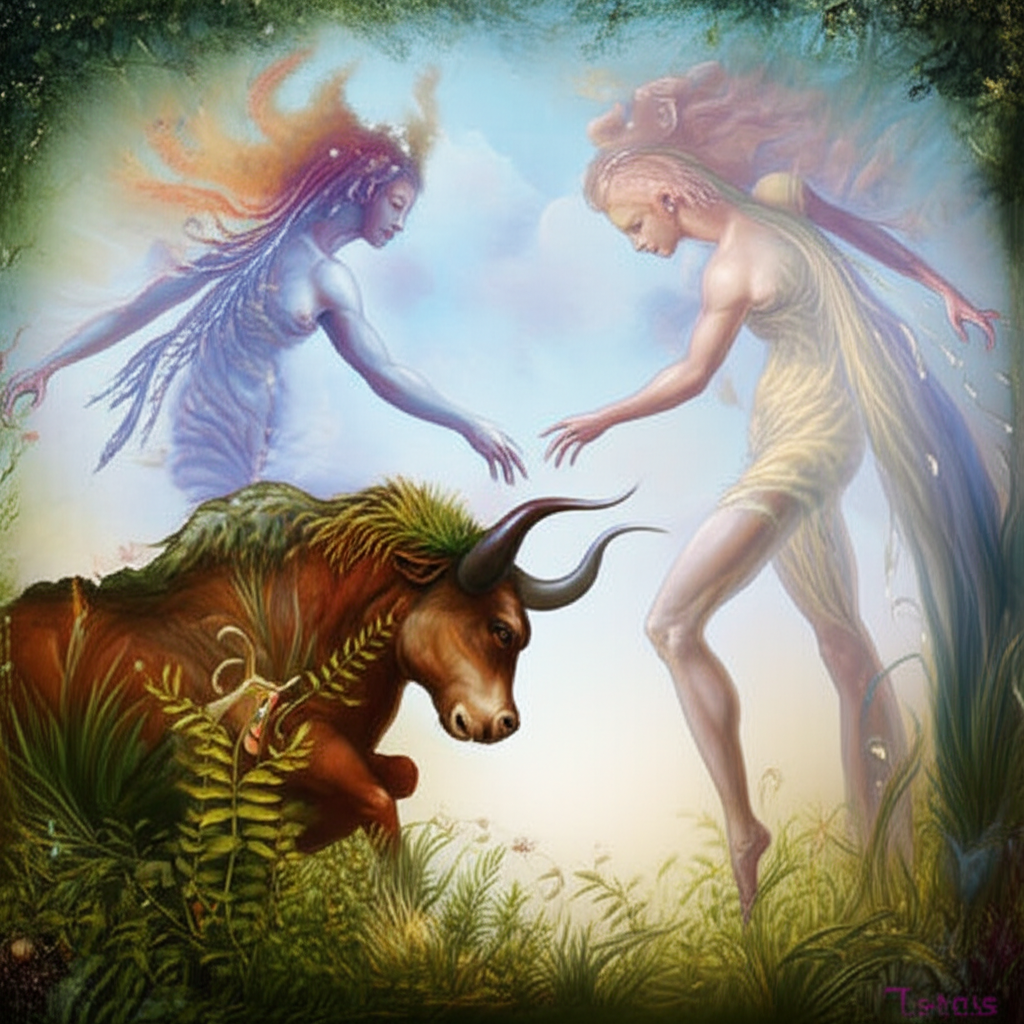 Астрологическая совместимость телец близнецы, представленная в виде символического изображения двух стихий.