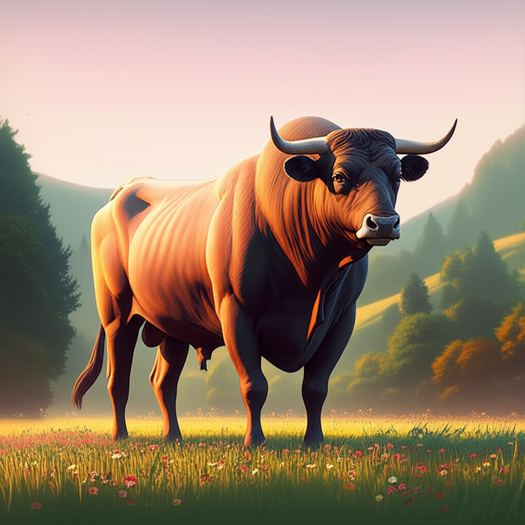 Мощный и спокойный телец знак зодиака стихия которого плодородная Земля, стоит на цветущем лугу.