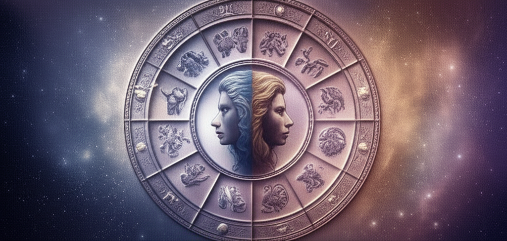 Иллюстрация, символизирующая слабые стороны знаков зодиака, с изображением зодиакального круга и архетипических представлений о человеческих несовершенствах, присущих каждому знаку.