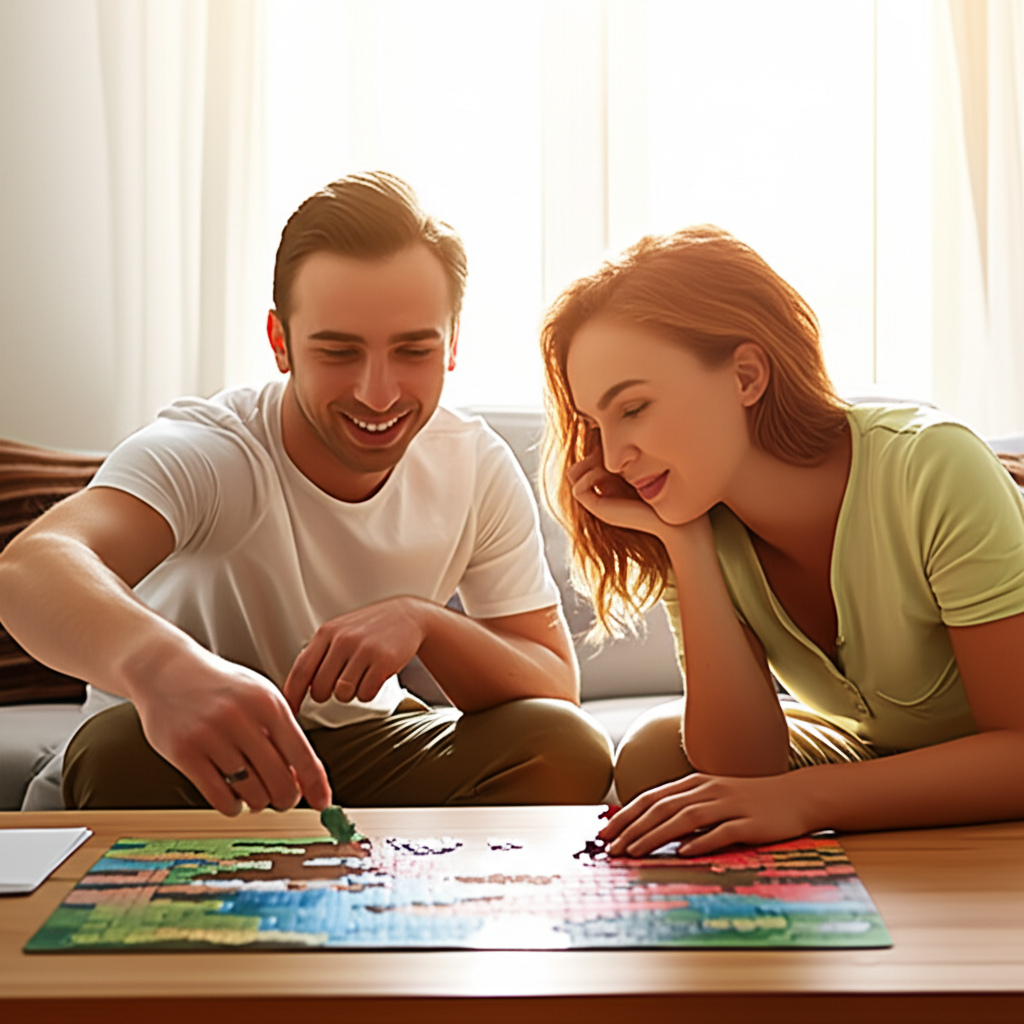 Два партнера с разными характерами вместе решают головоломку, иллюстрируя темперамент в отношениях.