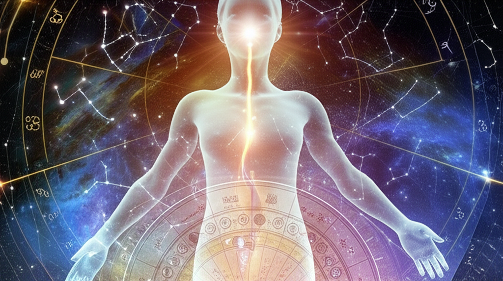 Сложная и красивая инфографика, раскрывающая темы судьбы и миссии в астрологии на фоне звездного неба.