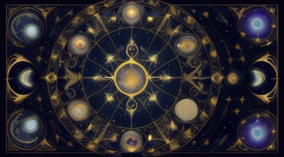 Космическая иллюстрация, показывающая Типы взаимоотношений знаков зодиака через переплетение созвездий и символов, отражающая динамику межличностных связей.