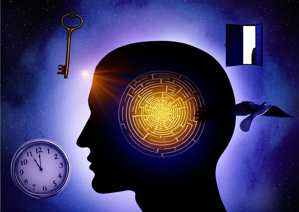 Символическая иллюстрация, раскрывающая толкование снов по Фрейду через образ лабиринта в голове человека.