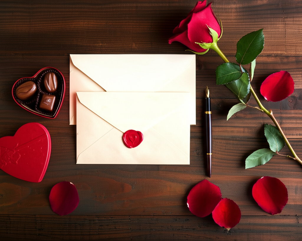Классические традиции Дня святого Валентина: открытка с восковой печатью, роза и шоколад на деревянном столе.