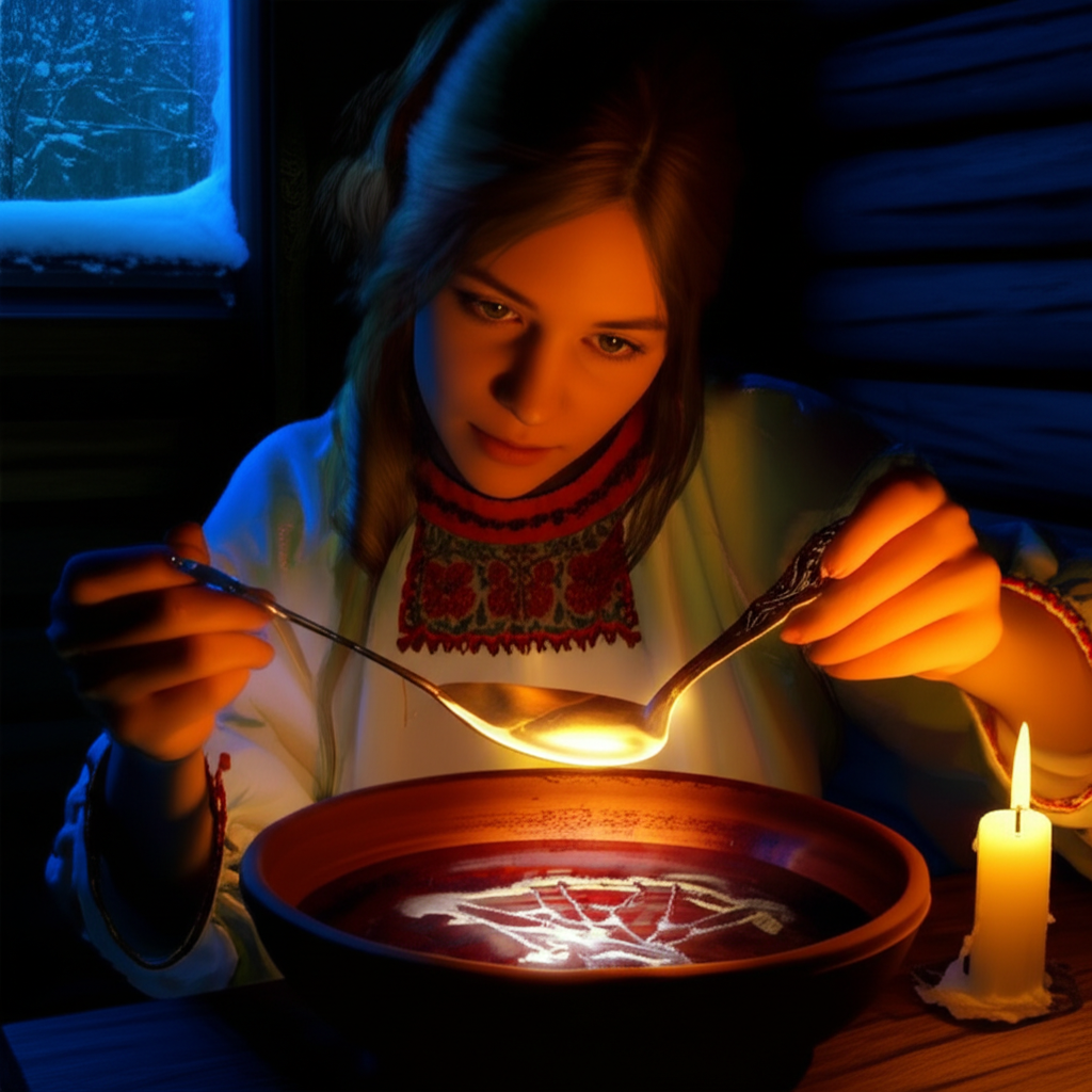Девушка в народной одежде проводит традиционные зимние гадания при свечах, выливая воск в воду.