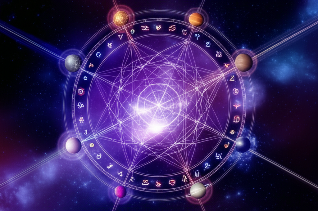 Детальное изображение, демонстрирующее транзиты планет: текущие положения космических тел, взаимодействующие с натальной картой человека, символизируя динамику астрологических влияний.