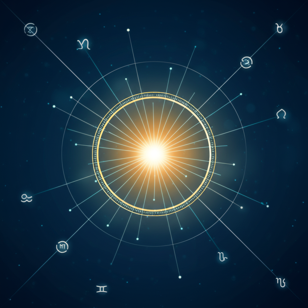 Абстрактная схема, иллюстрирующая транзиты в астрологии: взаимодействие движущихся планет с натальной картой.