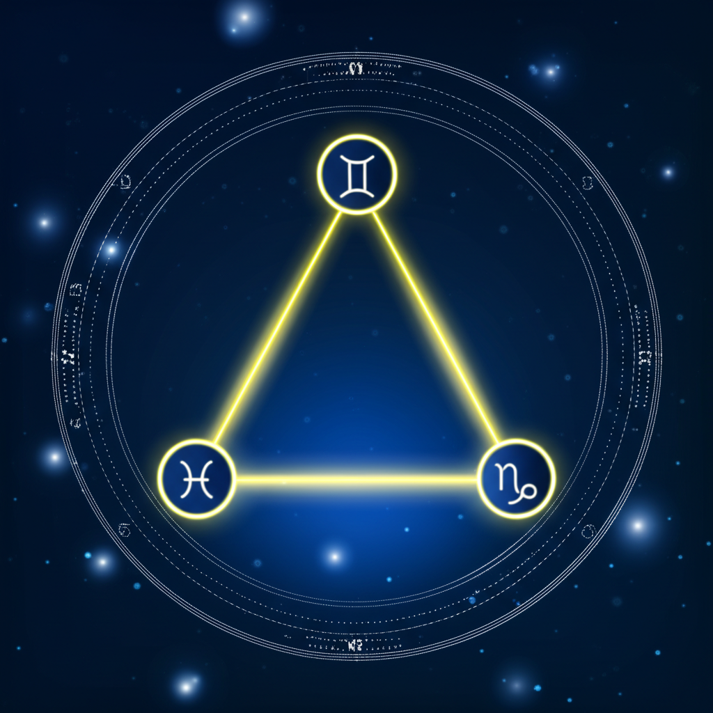 Светящийся треугольник, символизирующий гармоничный трин в астрологии, соединяет планеты в натальной карте.