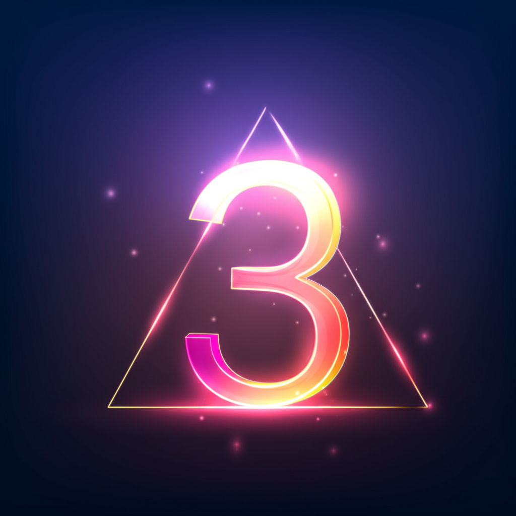 Абстрактная визуализация числа 3, символизирующая творческую энергию — тройка в нумерологии.