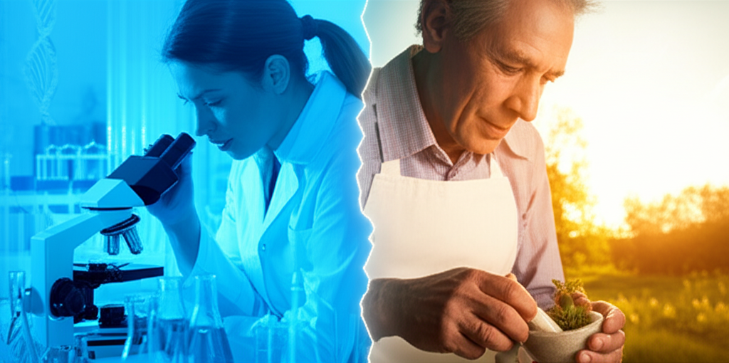 Разделенное изображение, показывающее целители правда или вымысел: слева научная лаборатория, справа природа и травы.