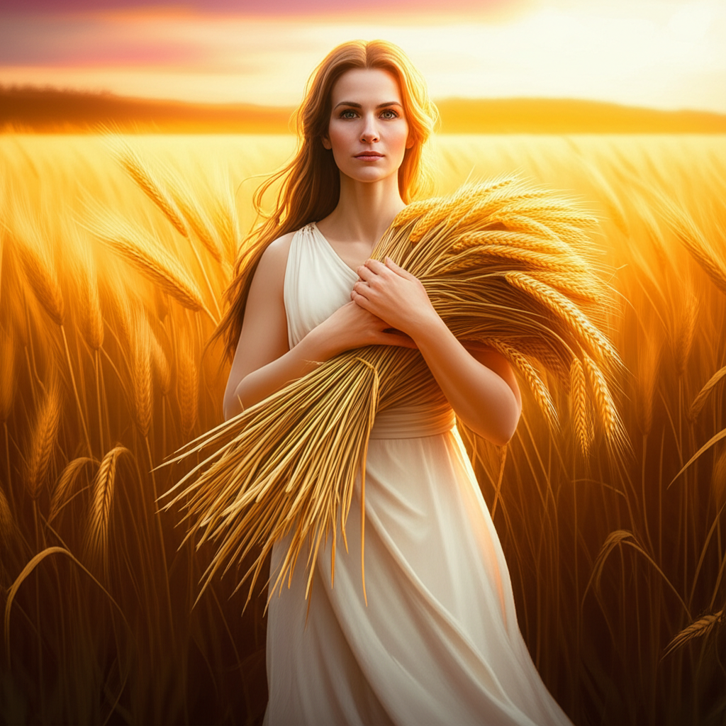 Богиня урожая как символ, который раскрывает церера в астрологии, стоит в пшеничном поле.