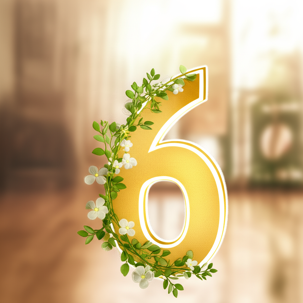 Стилизованное изображение, где цифра 6 в нумерологии что означает гармонию и заботу, окружена символами семьи и природы.