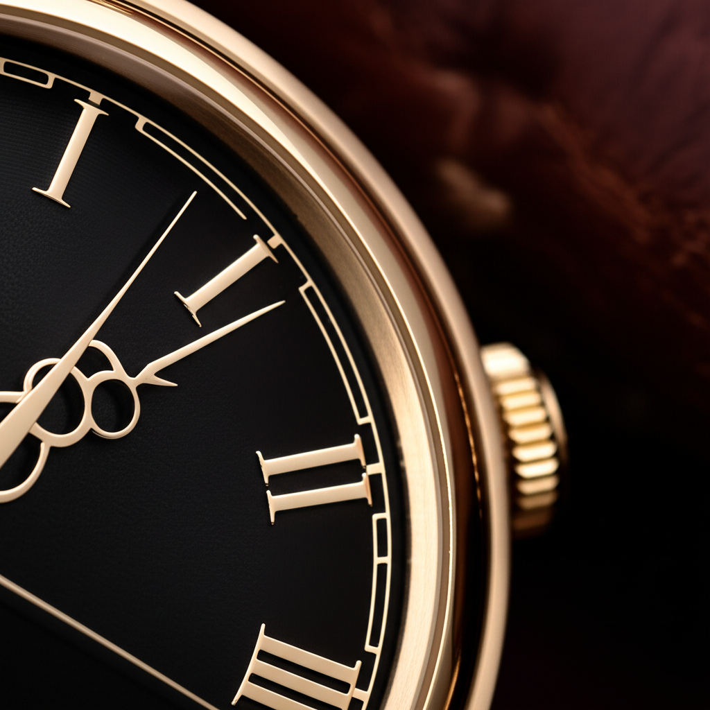 Крупный план, на котором видны элегантные золотые цифры на часах классического дизайна.