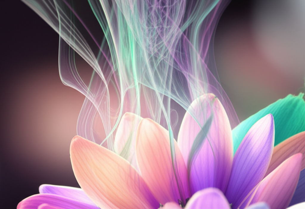 Гармоничное сочетание, где цвета и ароматы сливаются в единой композиции из лепестков и дымки.