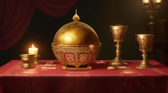 Изображение демонстрирует мистический Цыганский расклад, включающий старинные карты на деревянном столе, свечи и хрустальный шар.