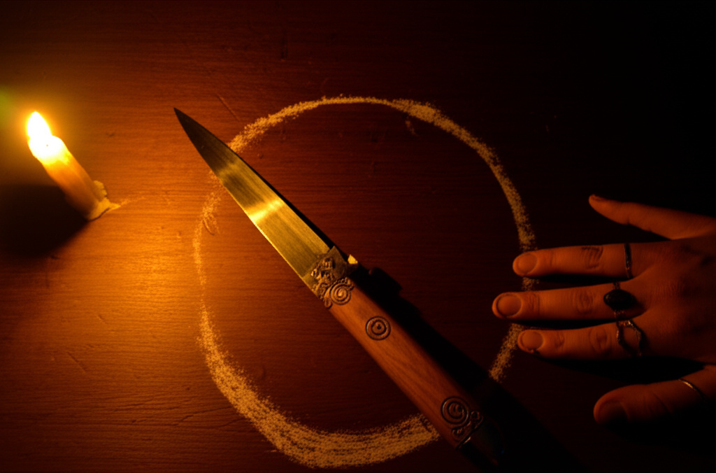 Стол, на котором происходит цыганское гадание на ноже при свете пламени свечи.