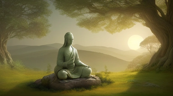 Мудрая фигура в медитации, окруженная древним лесом, символизирующая глубокое учение ари и внутреннюю гармонию.