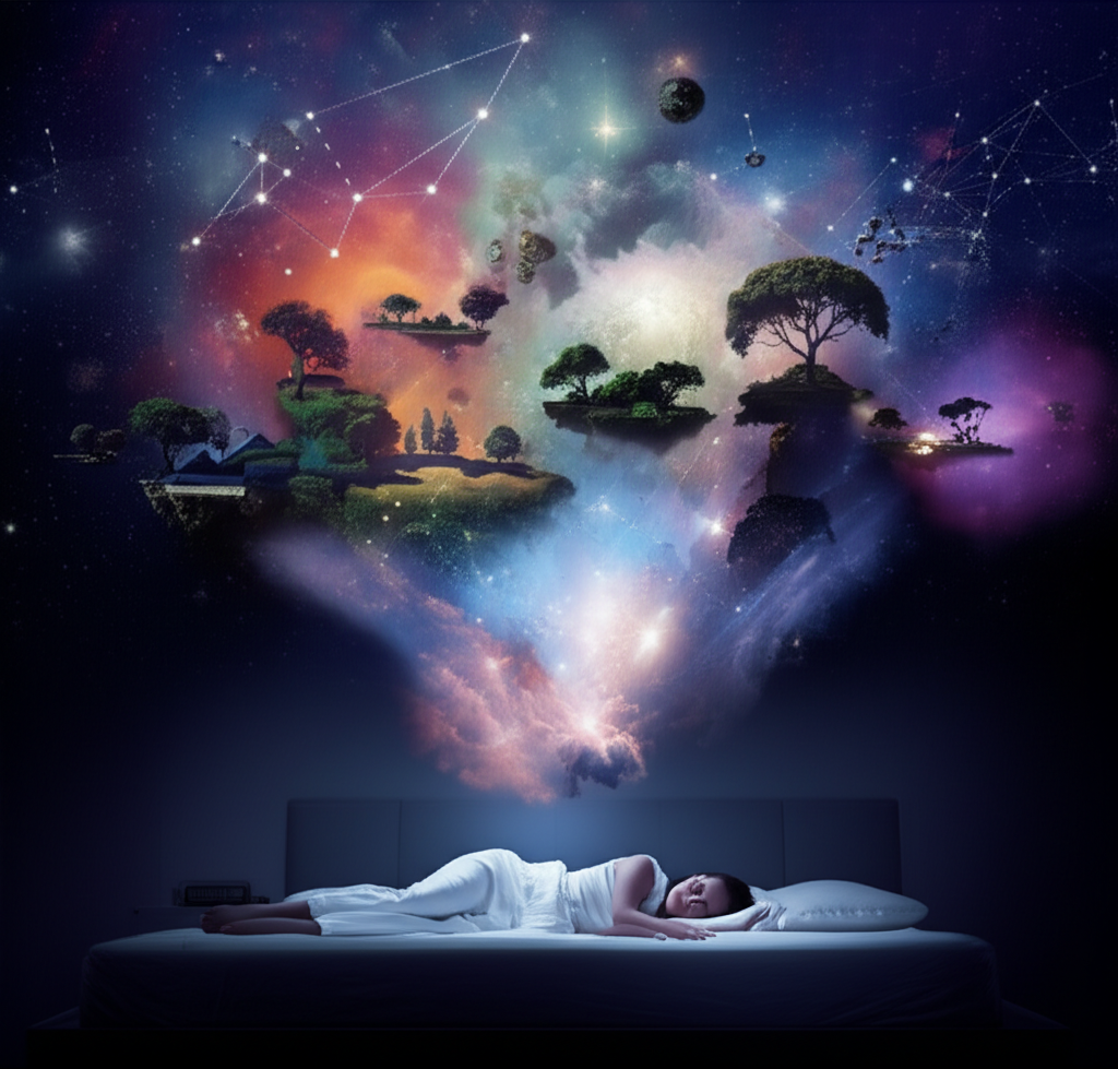 Человек мирно спит, и над ним формируется красочный мир грез, иллюстрирующий эффективные упражнения для контроля сновидений.
