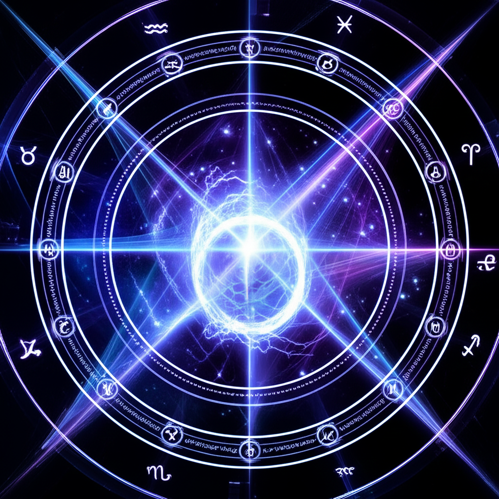 Изображение натальной карты с выделенными аспектами Урана, символизирующее инновации и космические связи.