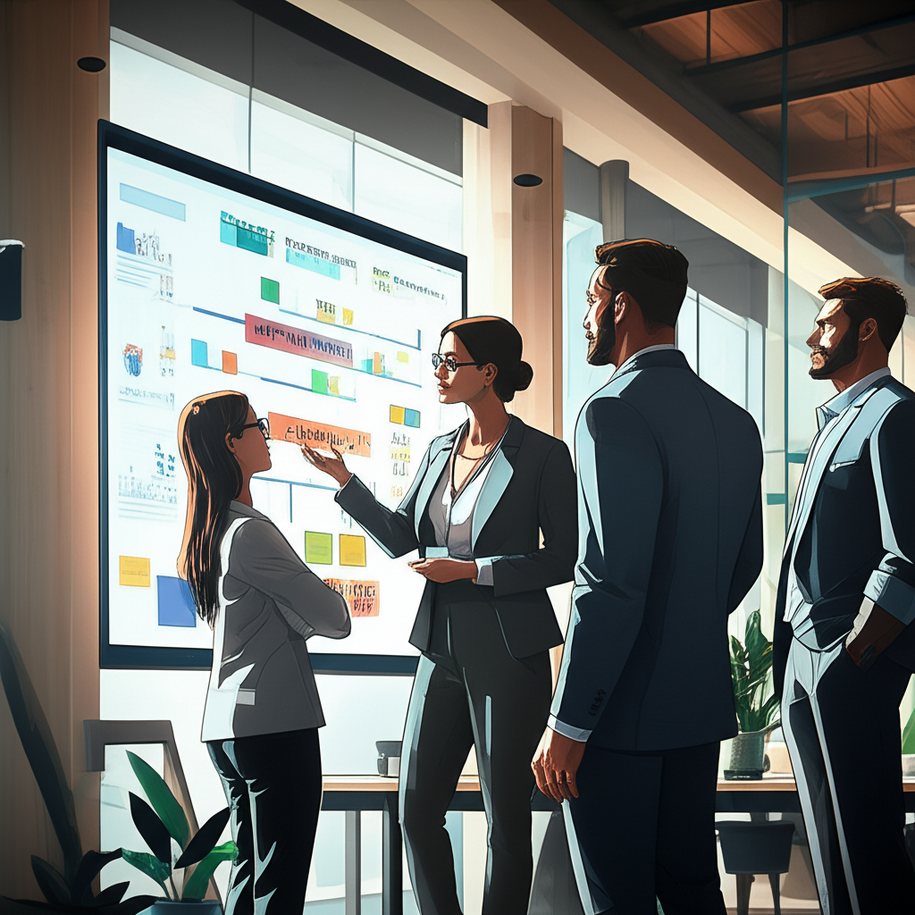 Команда профессионалов применяет на практике уроки лидерства в совместной работе над проектом.