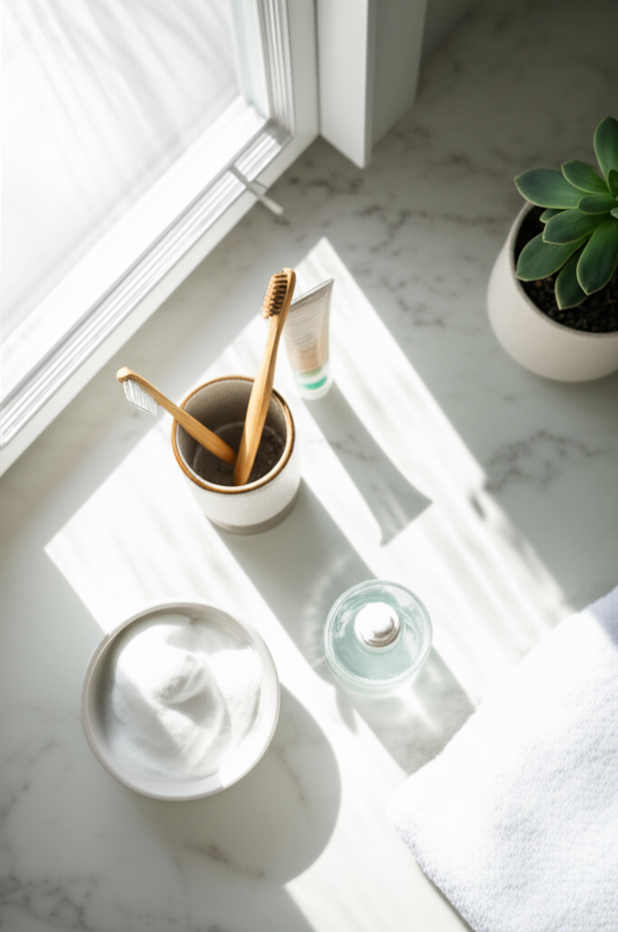 Правильная утренняя гигиена: на столешнице в ванной лежат бамбуковая щетка, паста и средства для ухода за кожей.