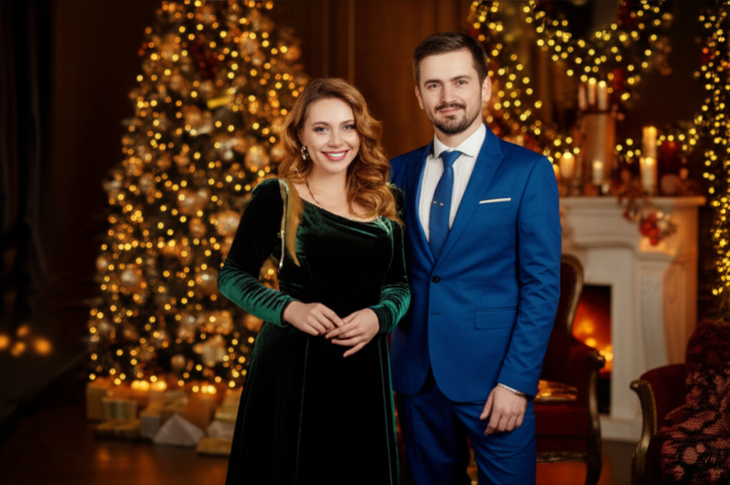 Стильная пара выбирает, в чем встречать новый год, на фоне праздничного интерьера