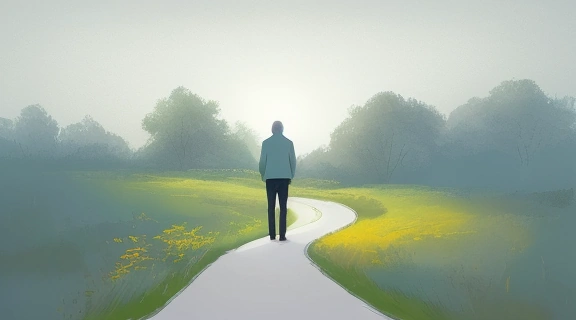 Человек, идущий по извилистой тропинке к горизонту, символизирующий каждый шаг к счастью и внутреннему благополучию.