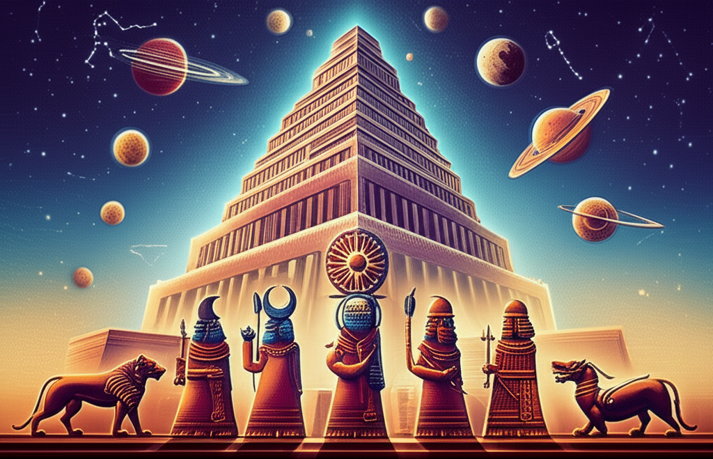 Изображение, иллюстрирующее вавилонские планетарные боги, их символы и связь с небесными телами на фоне древнего зиккурата в свете ночного неба.