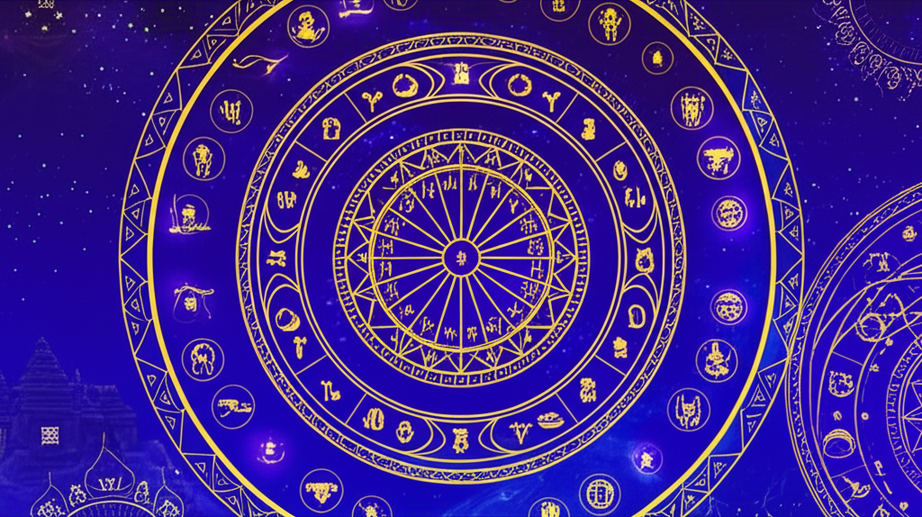 Иллюстрация, изображающая символы ведической астрологии, мистическую атмосферу, идеально подходящую для знакомства с ведическая астрология для начинающих.