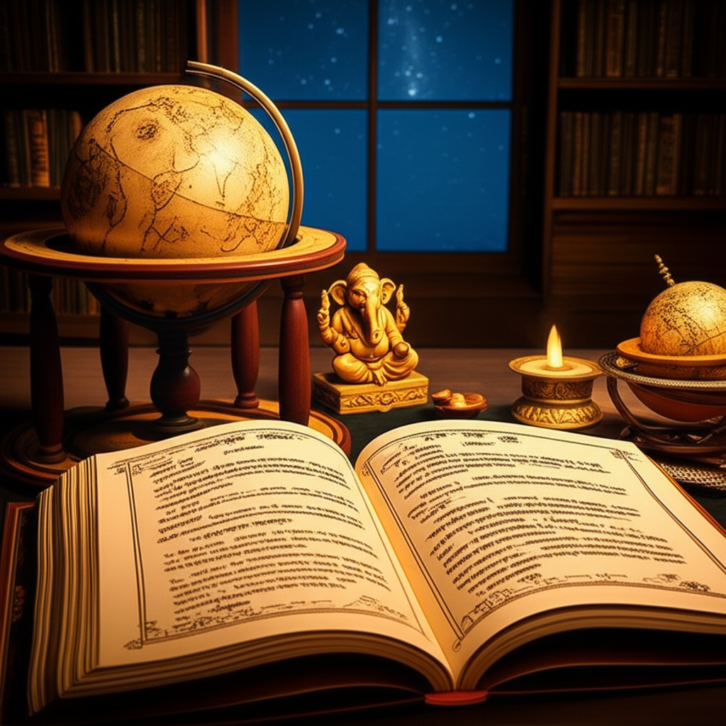 Изображение демонстрирует старинные фолианты и астрологические инструменты, символизирующие ведическая астрология для начинающих книги.