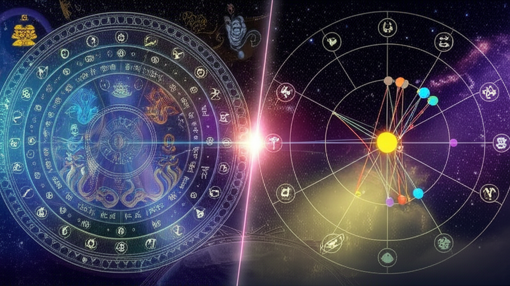 Изображение, символизирующее ведическую астрологию и ее отличие от западной, с элементами индийской и европейской культуры, звездным небом и астрологическими символами, демонстрирующими сидерический и тропический зодиаки.