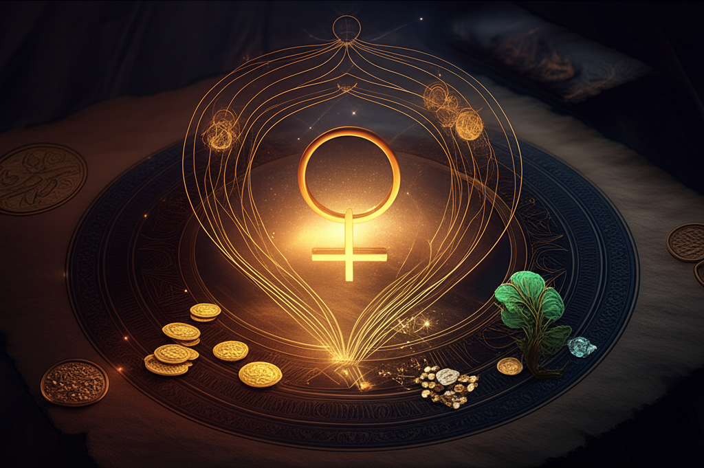 Астрологическая карта, где венера и финансы символически связаны золотыми нитями