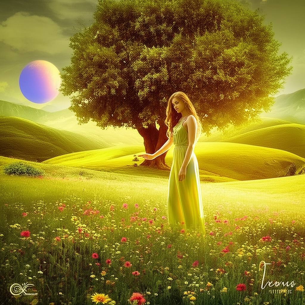 Изображение богини Венеры, олицетворяющей влияние планеты Венера как правитель Тельца, среди пышной природы и символов изобилия.