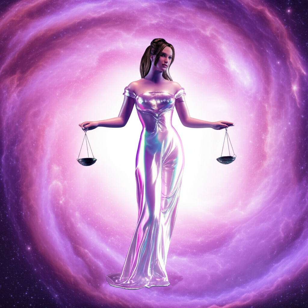 Изящная художественная иллюстрация, символизирующая Венера как правитель Весов, где богиня грациозно удерживает равновесные весы на фоне космических туманностей.