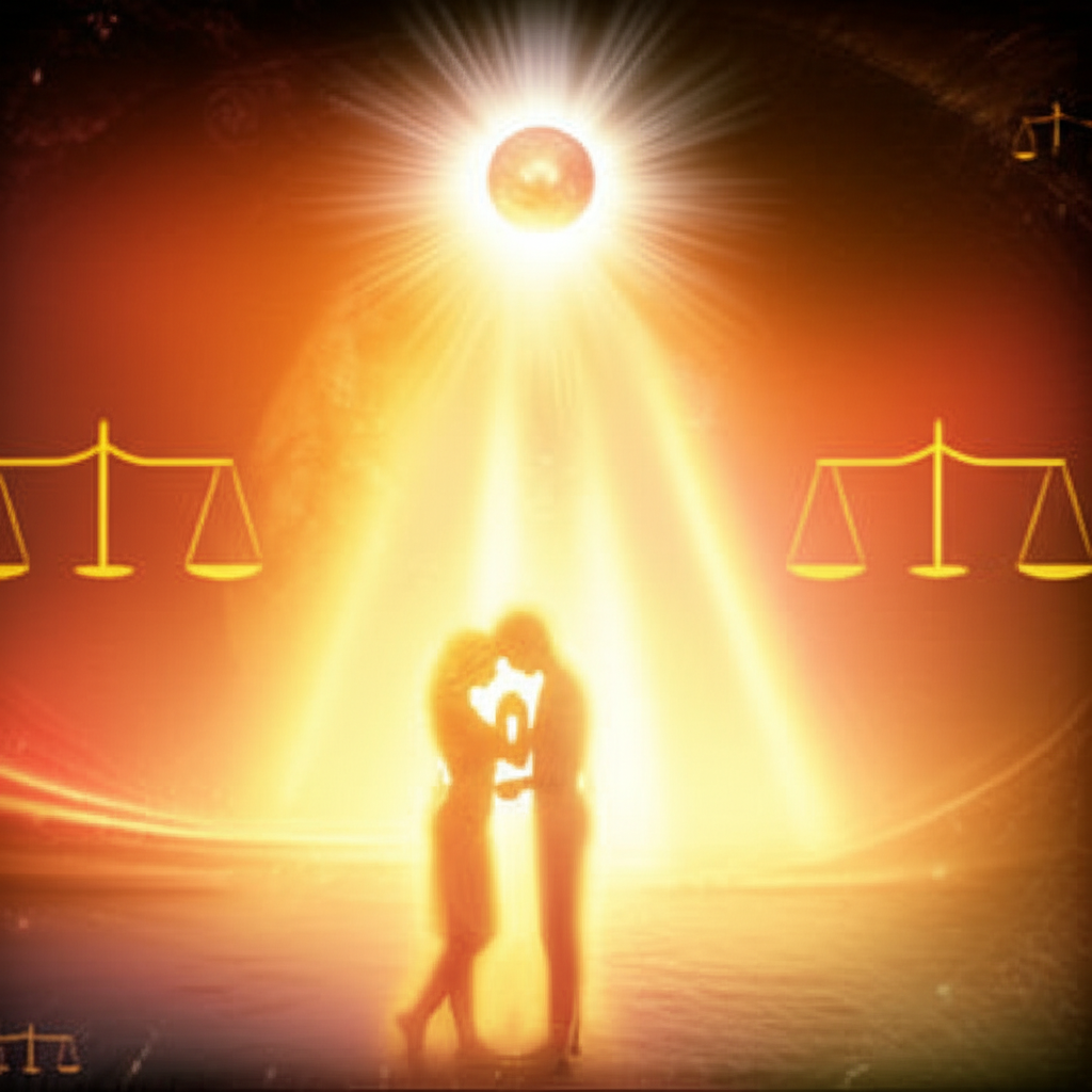 Изображение, символизирующее Венера в 7 доме характеристика в астрологии, с парами и элементами гармонии, такими как весы и планета Венера.