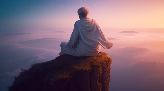 Символическое изображение, отражающее вечную жизнь и веру в бессмертие, с фигурой, смотрящей на космическое пространство.