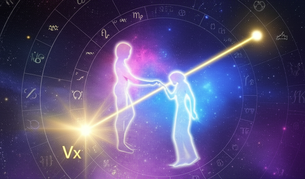 Символическое изображение точки вертекс в астрологии, соединяющей двух людей на фоне звёздного неба