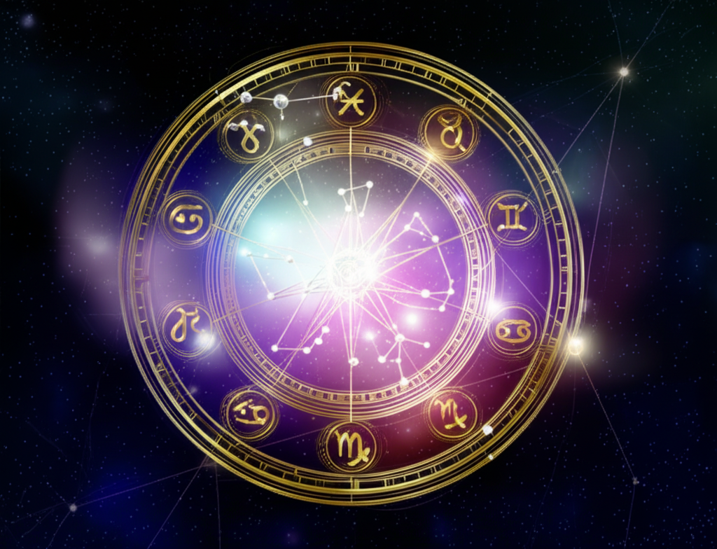 Стилизованное изображение зодиакального круга, иллюстрирующее ключевые принципы вестерн астрология.
