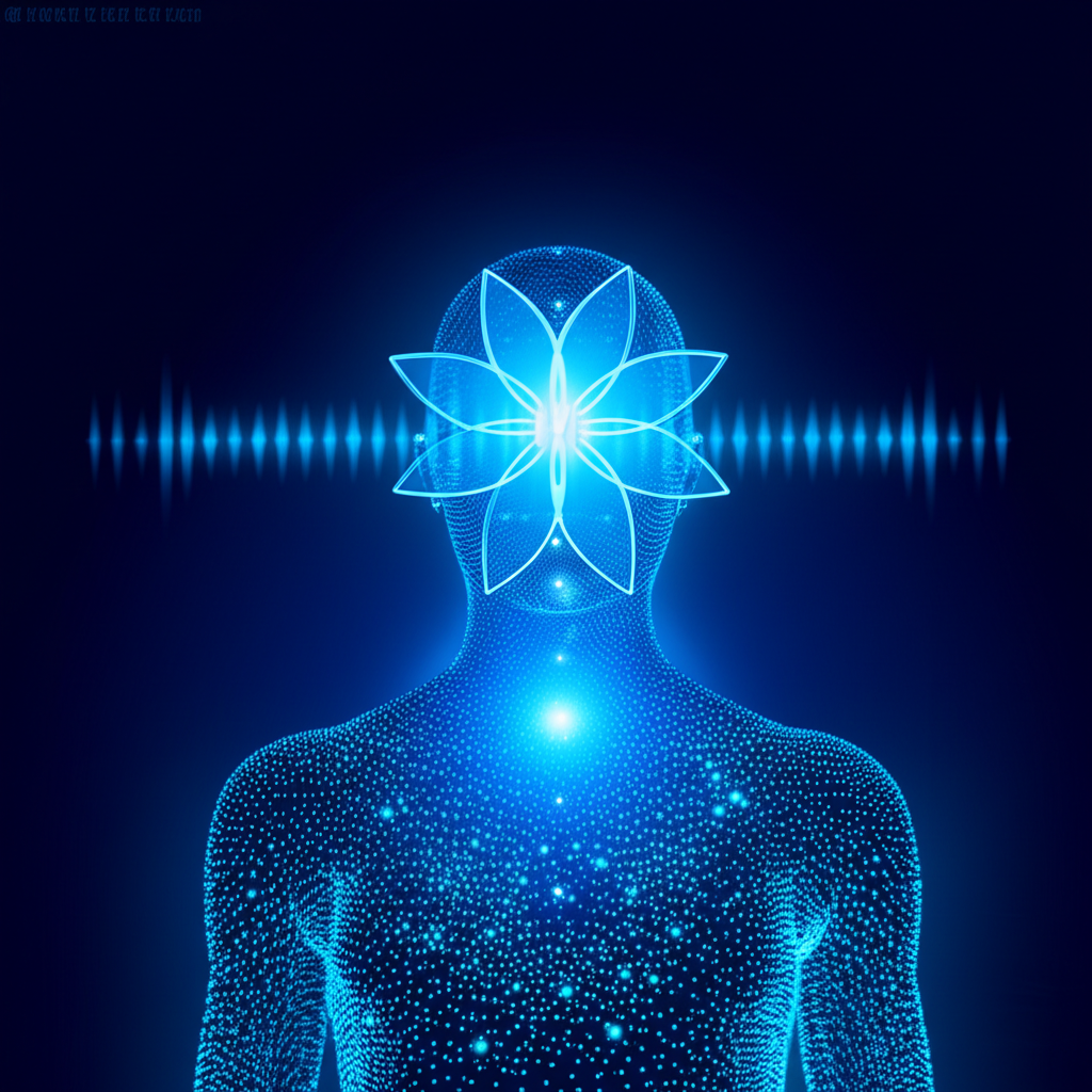 Символическое изображение вишудха чакры в виде светящегося голубого лотоса в области горла.