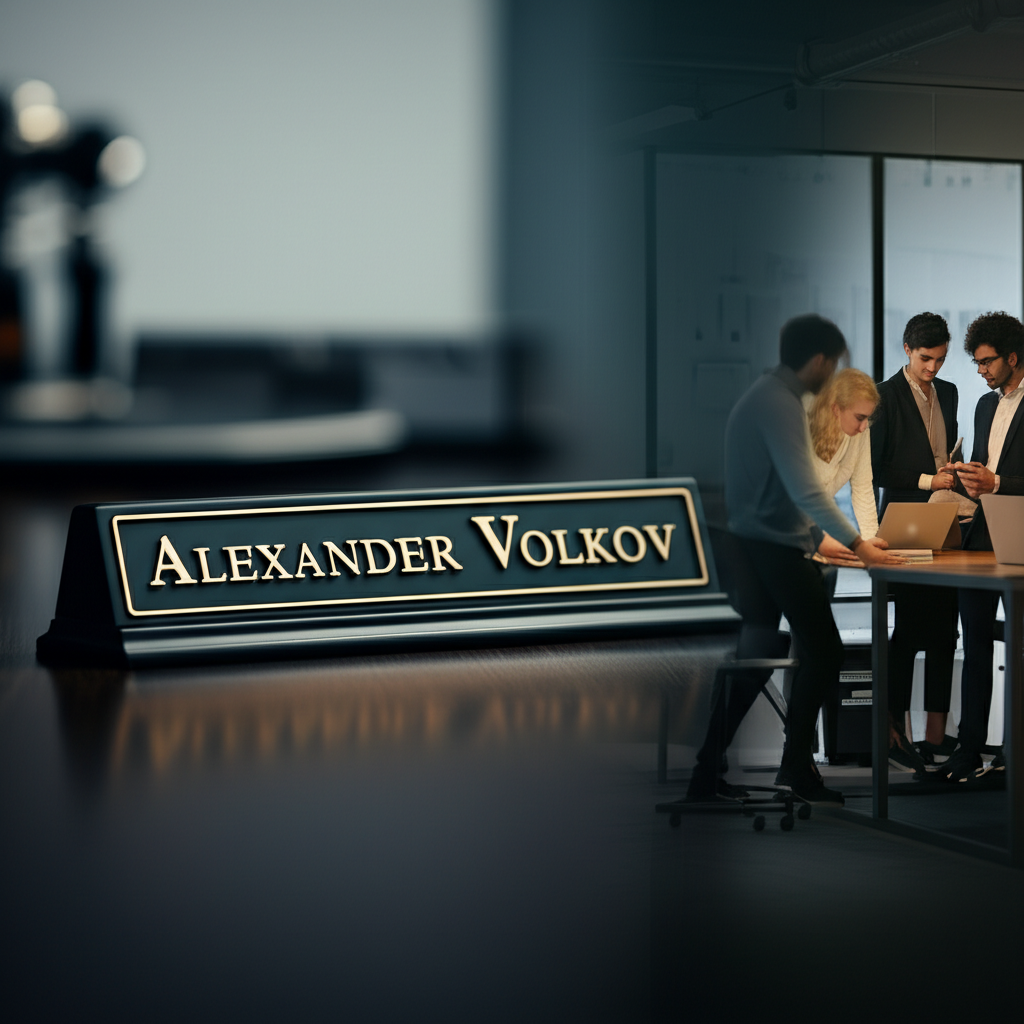 Визуальная концепция, иллюстрирующая влияние имени на профессию через изображение именной таблички на фоне деловой среды.