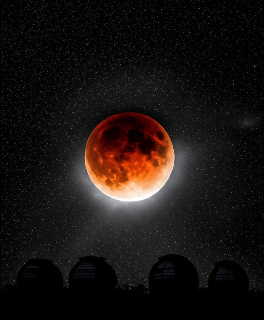 Изображение демонстрирует величественное тотальное лунное затмение, окрашивающее Луну в кроваво-красный оттенок на фоне звёздного неба, символизирующее глубокое влияние лунных затмений на человечество.