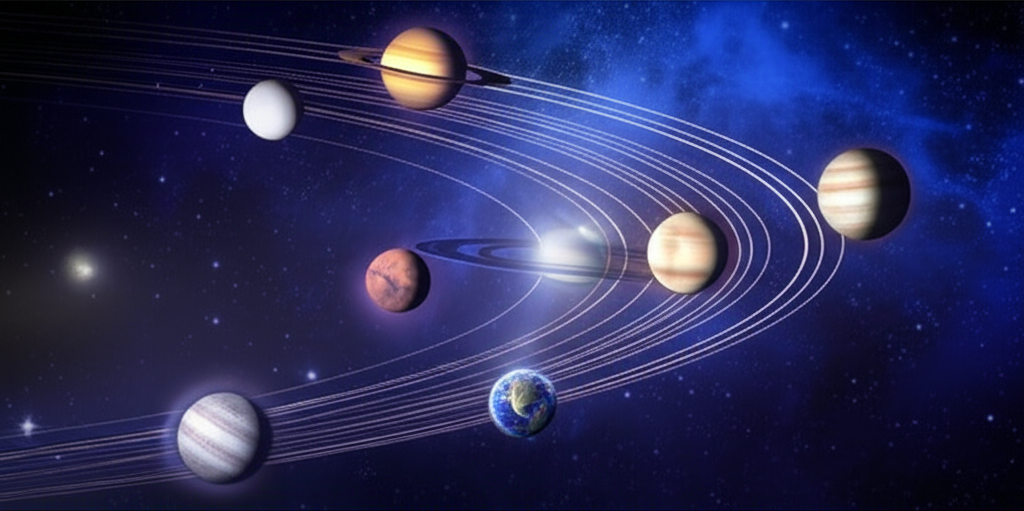 Детальная карта, показывающая влияние планет жизнь январь 2025 на зодиакальный круг.